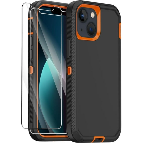 for iPhone 13 Case with 2 Screen Protector,Shockproof Drop Protection Full Body Heavy Duty 3 Layer Military Rugged Durable Phone Cover for Apple iPhone 13 6.1" (Black Orange)