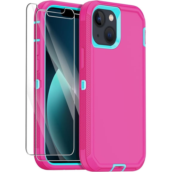 for iPhone 13 Case with 2 Screen Protector,Shockproof Drop Protection Full Body Heavy Duty 3 Layer Military Rugged Durable Phone Cover for Apple iPhone 13 6.1" (Pink)