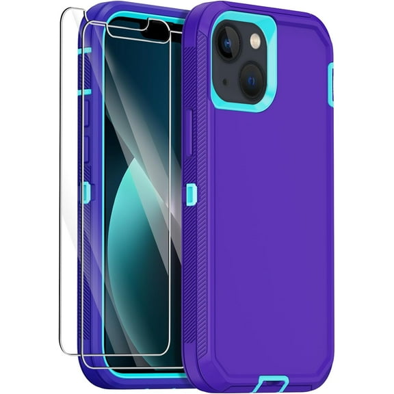 for iPhone 13 Case with 2 Screen Protector,Shockproof Drop Protection Full Body Heavy Duty 3 Layer Military Rugged Durable Phone Cover for Apple iPhone 13 6.1" (Purple)