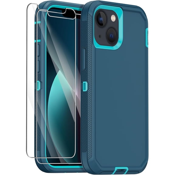 for iPhone 13 Case with 2 Screen Protector,Shockproof Drop Protection Full Body Heavy Duty 3 Layer Military Rugged Durable Phone Cover for Apple iPhone 13 6.1" (Teal)