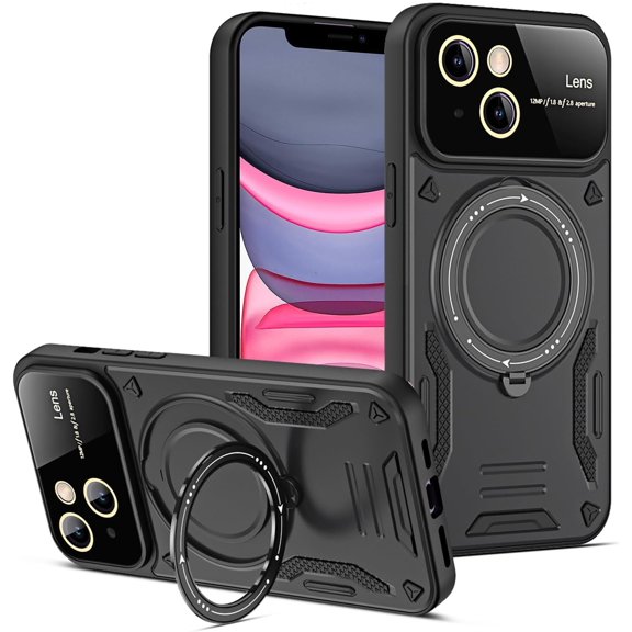for iPhone 13 Case with 360° Rotatable Invisible Ring Stand, Large Window Design Compatible with Magsafe, -Grade Protection Shockproof Phone Cover for Women Men, Black