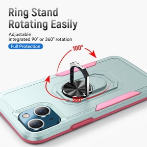 iPhone 13 Case, 360 ?Rotate Ring Stand Rugged Lightweight Slim Impact-Resistant Full Body Shockproof Protective Bumper Case For iPhone 13,Green + Pink