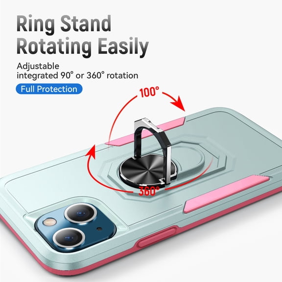 iPhone 13 Case, 360 ?Rotate Ring Stand Rugged Lightweight Slim Impact-Resistant Full Body Shockproof Protective Bumper Case For iPhone 13,Green + Pink