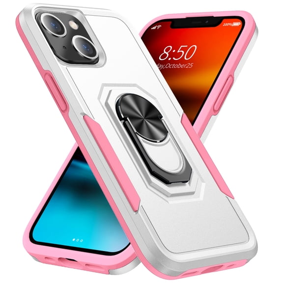 iPhone 13 Case, 360 ?Rotate Ring Stand Rugged Lightweight Slim Impact-Resistant Full Body Shockproof Protective Bumper Case For iPhone 13,White + Pink