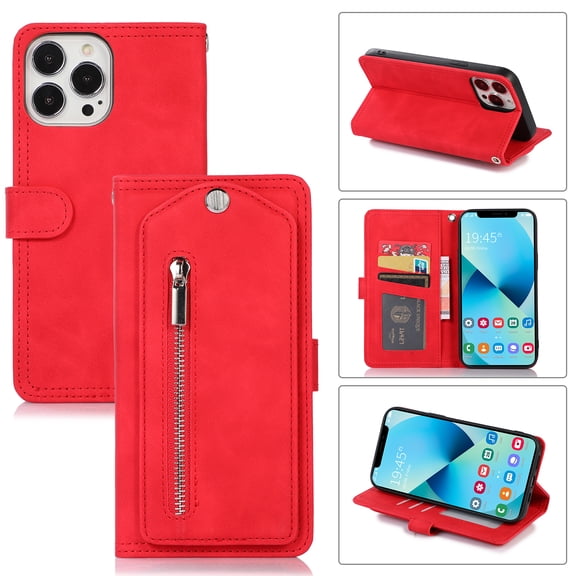 iPhone 13 Case 6.1 Inch, PU Leather Folio Flip case Protective Stand Cash Holder Wallet Case with Hidden Mirror and Wrist Strap TPU Shockproof Interior Case for Apple iPhone 13 6.1 inch 2021,Red