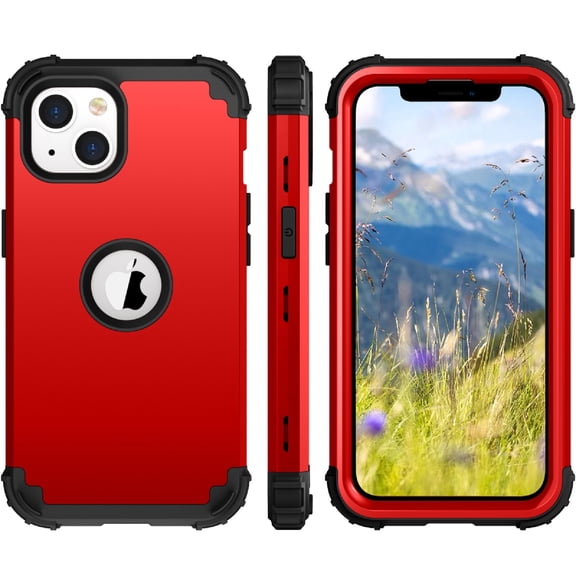 iPhone 13 Case 6.1",  Slim Hybrid Heavy Duty Rugged Defender Armor Cover Shockproof Anti-Scratch 3 In 1 Silicone Bumper Hard PC Back  Case for Apple iPhone 13 6.1", Red