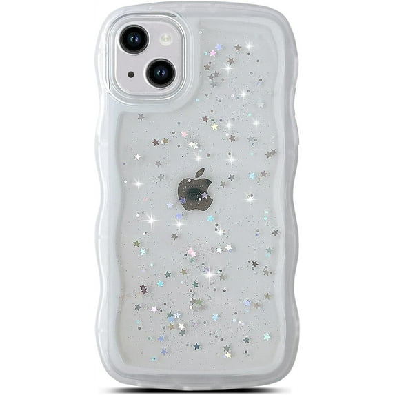 for iPhone 13 Case 6.1 inch,Cute Clear Glitter Star Curly Wave Design Edge Case,Transparent Bling Shiny Full Protection Soft TPU Shockproof Phone Cover Case for Women Girls, Clear