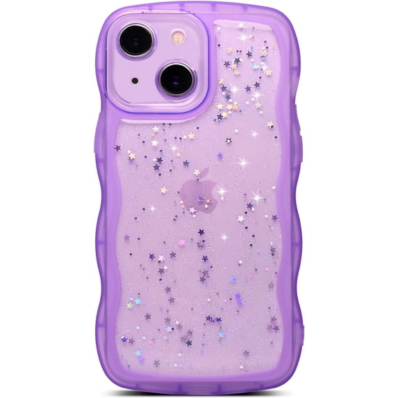 for iPhone 13 Case 6.1 inch,Cute Clear Glitter Star Curly Wave Design Edge Case,Transparent Bling Shiny Full Protection Soft TPU Shockproof Phone Cover Case for Women Girls,Purple