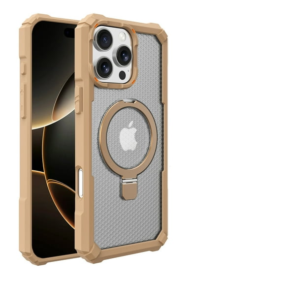 for iPhone 13 Case, Adjustable Ring Holder Stand, Shockproof Four-Corners Drop Protective Case Support Wireless Charging, Frosted Translucent Rugged Cover for iPhone 13, Gold