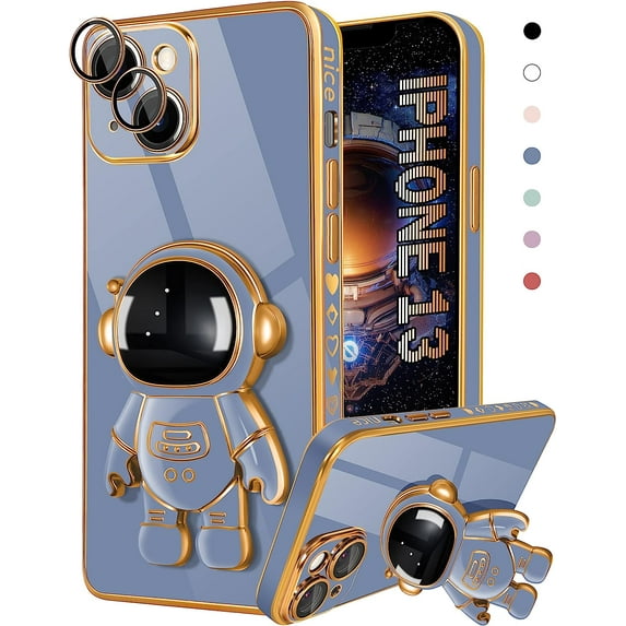 for iPhone 13 Case Astronaut Cute Girls Women Girly Unique Blue Phone Cases with Hidden Stand Kickstand 6D Design with Camera Lens Protector Cover for iPhone 13 6.1''