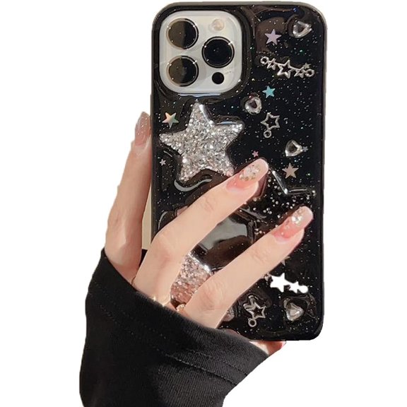 for iPhone 13 Case Bling Stars 3D Hearts Diamond Twinkle Star Glitter Y2K Spark Luxury Girly Aesthetic Personalized Design for Women Girls Teens TPU Case, 6.1", Black