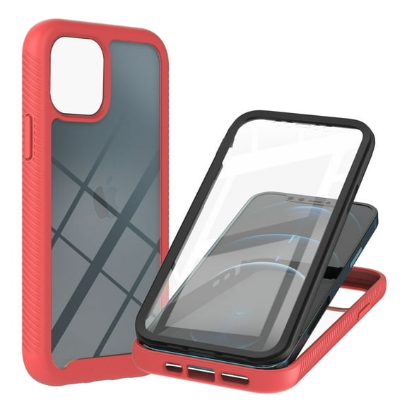 iPhone 13 Case with Build-in Screen Protector, Hybrid Rugged Full Body Protection Shockproof Anti-Scratch Transparent Clear PC Back Cover for Apple iPhone 13, Red
