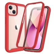 iPhone 13 Case with Built in Screen Protector,Dteck Full-Body Shockproof Rubber Hybrid Protection Crystal Clear PC Back Protective Phone Case Cover for Apple iPhone 13,Red
