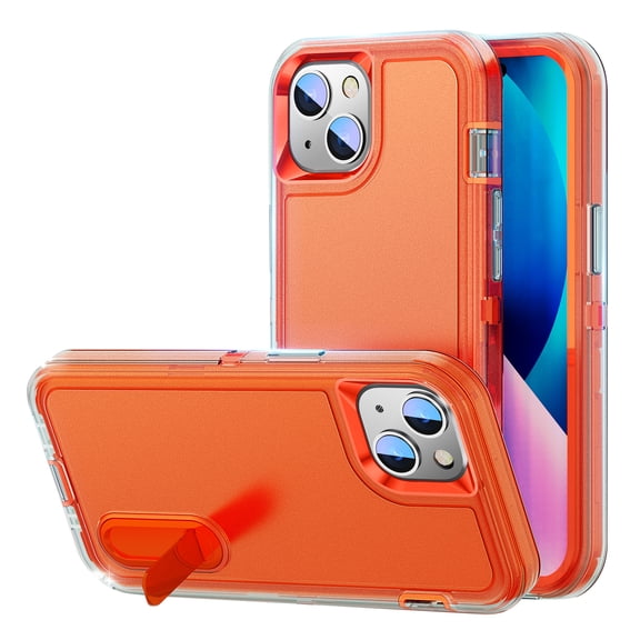 iPhone 13 Case with Built-in Metal Kickstand, Dteck 3-Layer Full Body Protection [Without Screen Protector] Rugged Heavy Duty Durable Cover Case for Apple iPhone 13, 
Orange+Clear