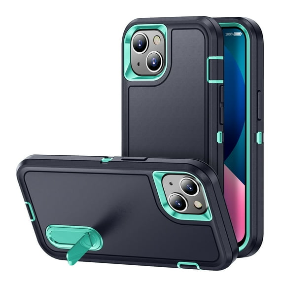 iPhone 13 Case with Built-in Metal Kickstand, Dteck 3-Layer Full Body Protection [Without Screen Protector] Rugged Heavy Duty Durable Cover Case for Apple iPhone 13, Blue+Mint