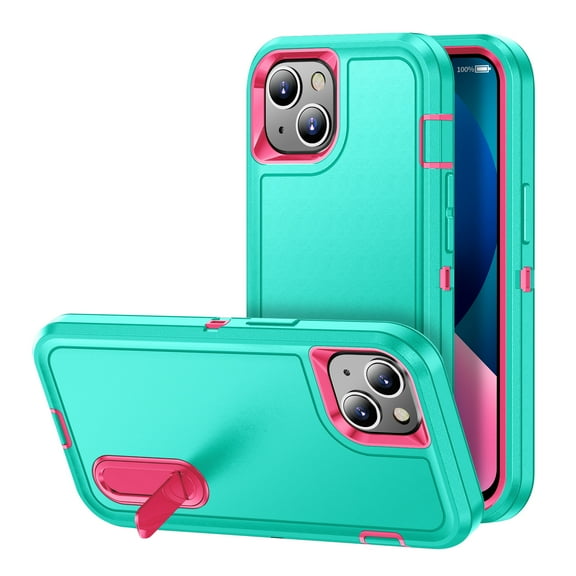 iPhone 13 Case with Built-in Metal Kickstand, Dteck 3-Layer Full Body Protection [Without Screen Protector] Rugged Heavy Duty Durable Cover Case for Apple iPhone 13, Mint+Rose