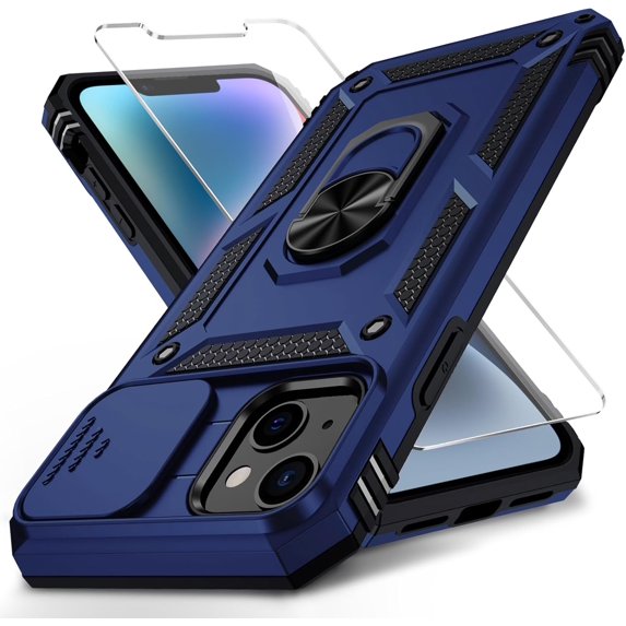 for iPhone 13 Case with Camera Lens Cover HD Screen Protector, 10 FT Military Grade Drop Protection, Magnetic Ring Holder Kickstand Protective Phone Case for iPhone 13 6.1 inch, Navy Blue