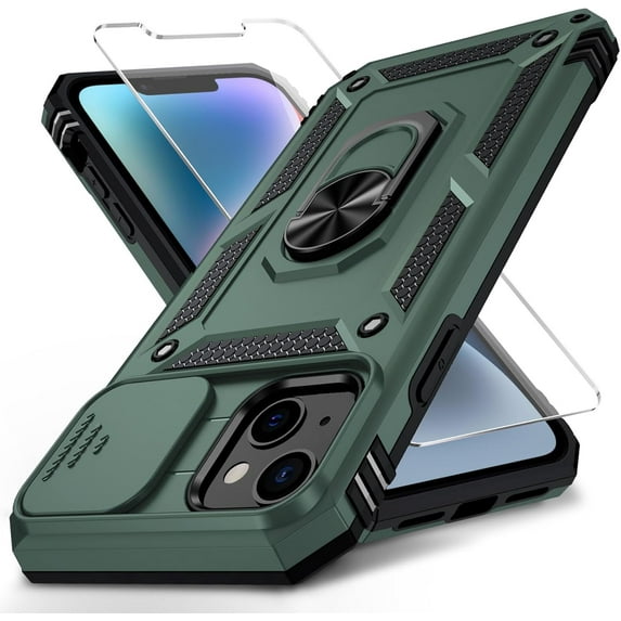 for iPhone 13 Case with Camera Lens Cover HD Screen Protector, 10 FT Military Grade Drop Protection, Magnetic Ring Holder Kickstand Protective Phone Case for iPhone 13 6.1 inch, Pine Green