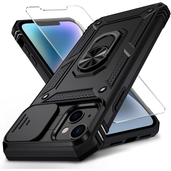 for iPhone 13 Case with Camera Lens Cover HD Screen Protector, 10 FT Military Grade Drop Protection, Magnetic Ring Holder Kickstand Protective Phone Case for iPhone 13 6.1 inch, Black