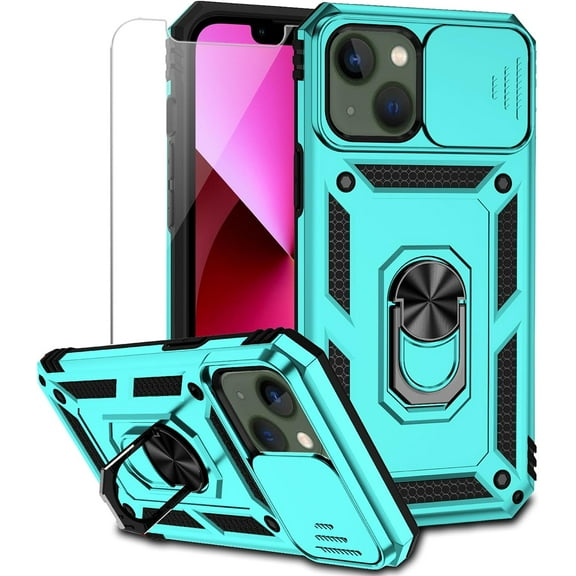 for iPhone 13 Case with Camera Lens Cover HD Screen Protector, Dual Layer [15 FT  Grade Drop Protection]  Ring Holder Kickstand Protective Phone Case for iPhone 13 6.1 inch (Mint)