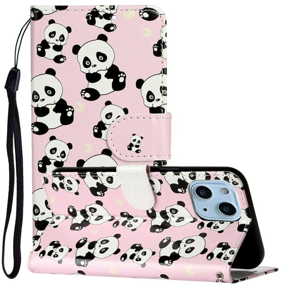 iPhone 13 Case with Card Holder/Detachable Hand Strap, Allytech Kickstand Folio Flip Wallet Credit Card Slots Magnetic Snap PU Leather Protective Case for iPhone 13 6.1" 2021, Cute Panada