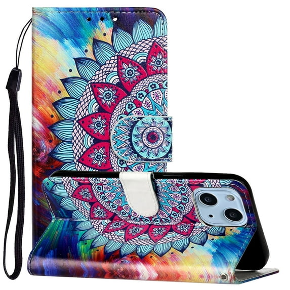 iPhone 13 Case with Card Holder/Detachable Hand Strap, Allytech Kickstand Folio Flip Wallet Credit Card Slots Magnetic Snap PU Leather Protective Case for iPhone 13 6.1" 2021, Colorful Flower