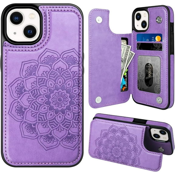 For iPhone 13 Case with Card Holder, Flower Magnetic Back Flip Case for iPhone 13 Wallet Case for Women, Protective Case Phone Case for iPhone 13,Purple