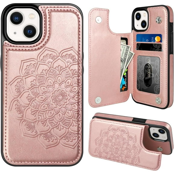 for iPhone 13 Case with Card Holder, Flower Magnetic Back Flip Case for iPhone 13 Wallet Case for Women, Protective Case Phone Case for iPhone 13,Rose Gold
