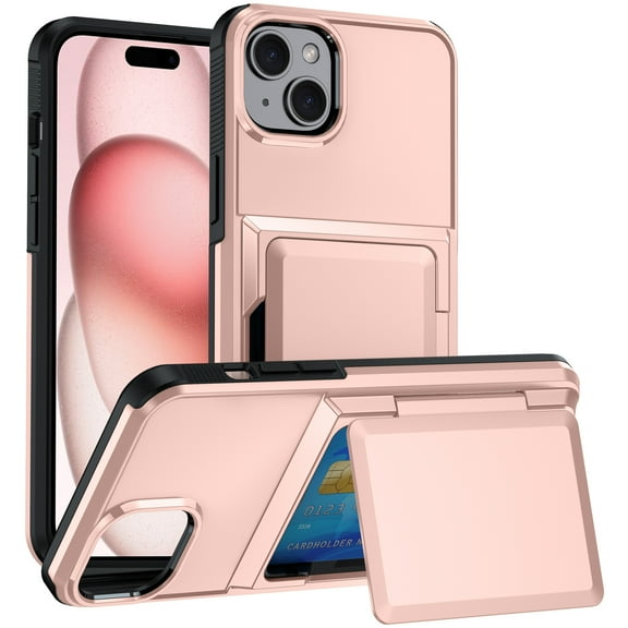 For iPhone 13 Case with Card Holder Heavy Duty Protective Kickstand Dual Layer Shockproof Hidden Card Slot Slim Wallet Military Protection Rugged Case for iPhone 13,Rosegold