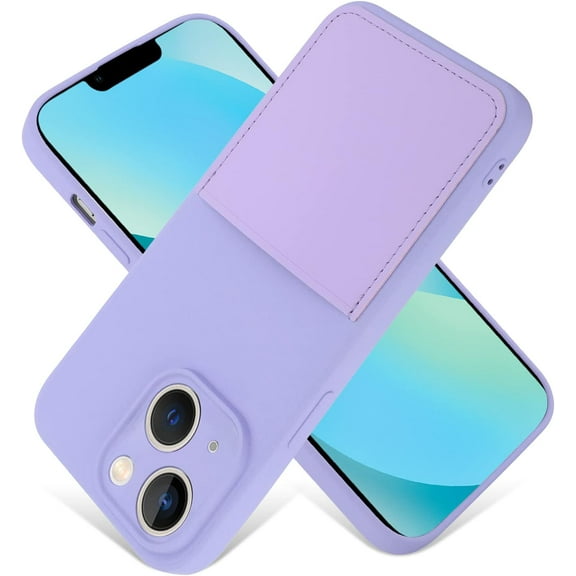 iPhone 13 Case Card Holder Light Purple Liquid Silicone Soft Screen Protector Cover Shockproof Anti Scratch Microfiber Lining Full Body Protection Shell