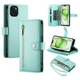 thumbnail image 1 of for iPhone 13 Case with Card Holder, Retro Premium PU Leather Shoulder Wrist Strap Zipper Kickstand Flip Cover Women Girl Wallet Phone Case for iPhone 13, Mint, 1 of 10