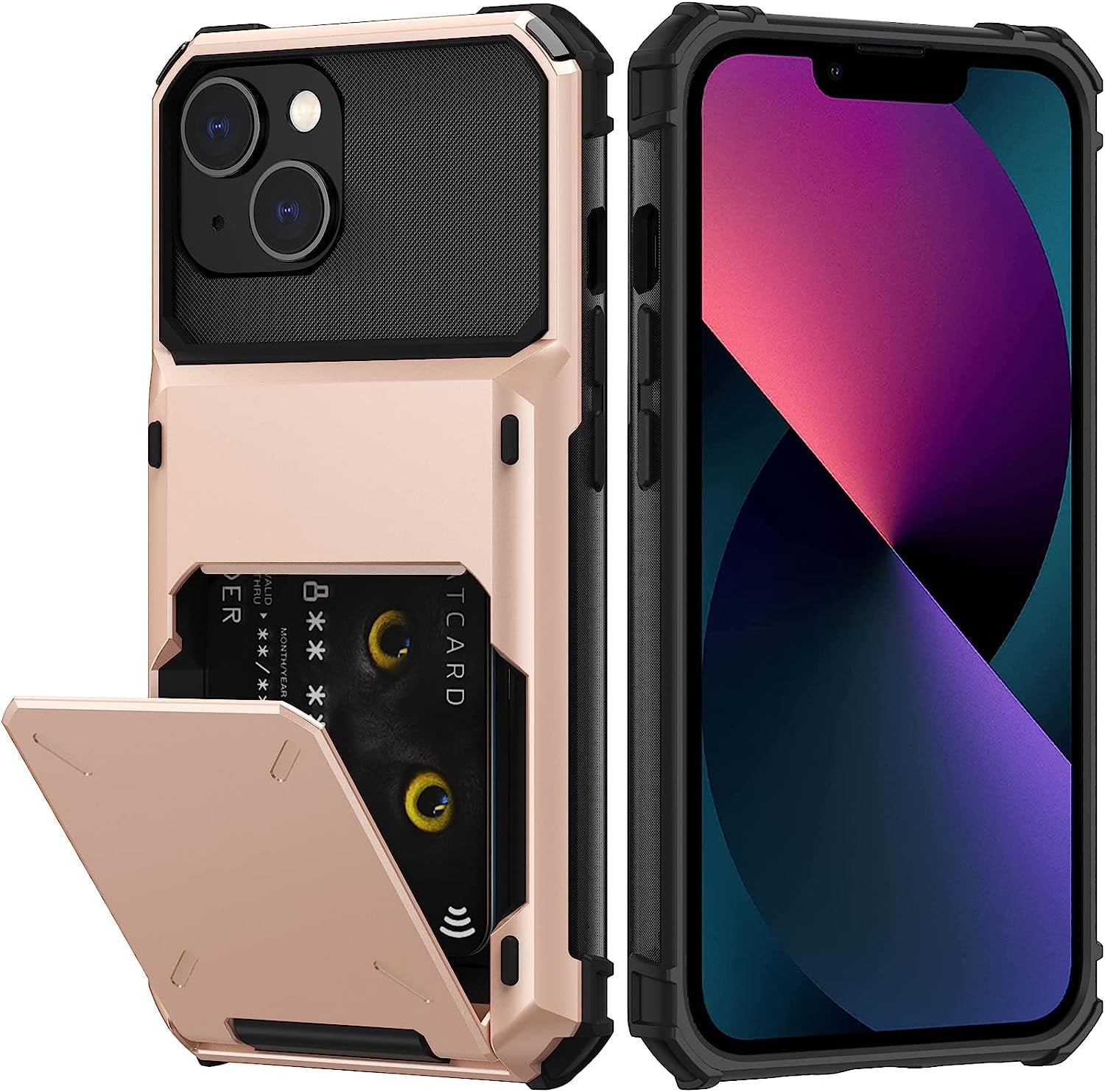 for iPhone 13 Case with Card Holder[Store 5 Cards] Dual Layer Heavy ...