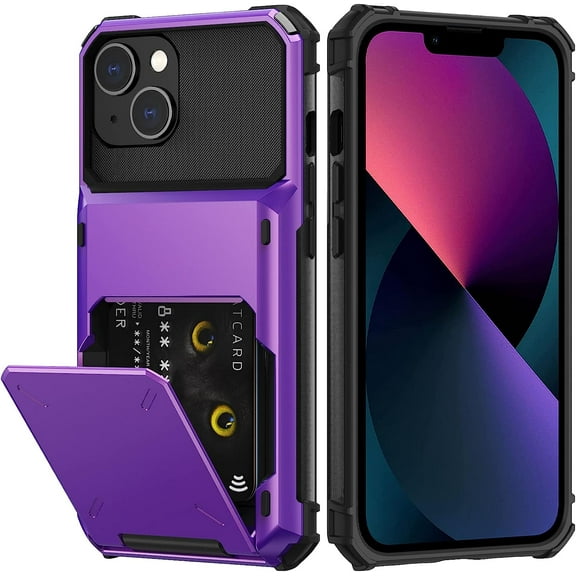 for iPhone 13 Case with Card Holder[Store 5 Cards] Dual Layer Heavy Duty Shockproof iPhone 13 Wallet Case with Hidden Card Slot Large Storage Case for iPhone 13(Purple)