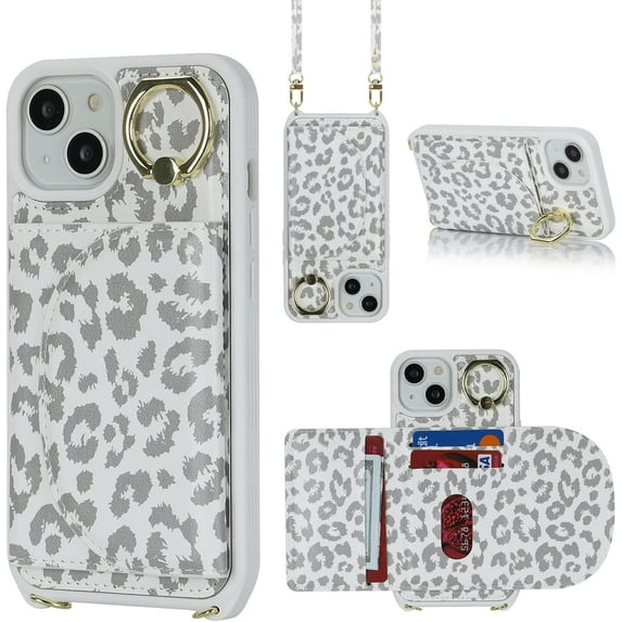 for iPhone 13 Case with Card Holder for Women,for iPhone 14 Phone Case Wallet with Strap,Credit Card Holder,Ring Stand,Crossbody Lanyard,PU Leather Cases for iPhone 13/14 6.1''(White Leopard)