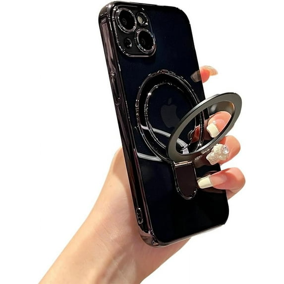 for iPhone 13 Case Clear Build-in Stand with Camera Lens Protection MagSafe Shockproof Soft Protective Slim Phone Case Cover for iPhone 13 Case 6.1 Inch - Black