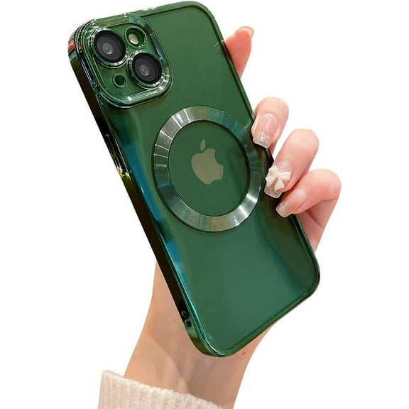 for iPhone 13 Case  Clear with Camera Lens Protector Full Protection MagSafe Electroplated Silicone Dust-Proof Net Shockproof Protective Case Cover 6.1 Inch - Alpine Green