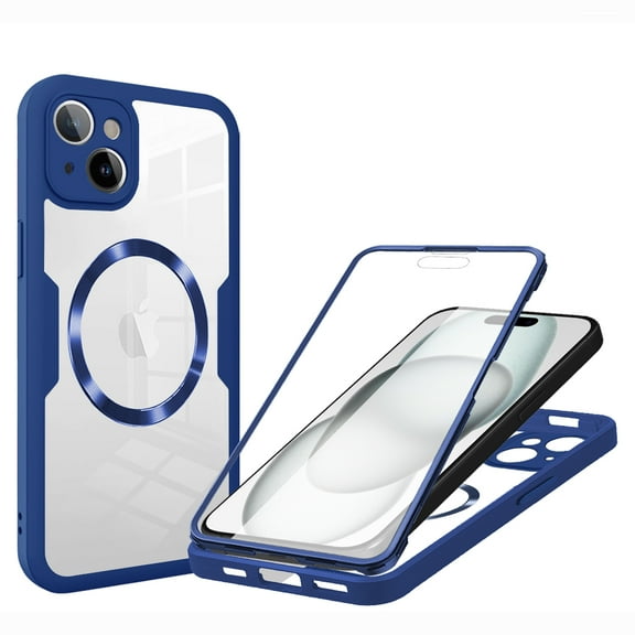 for iPhone 13 Case Clear, Magnetic Case with Screen Protector, Compatible with MagSafe, Not Yellowing Shockproof Full Body Protection Slim Transparent Phone Case for iPhone 13, Blue
