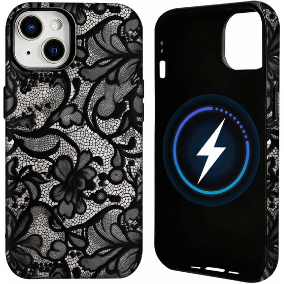 for iPhone 13 Case [Compatible with Magsafe] Lace Phone Case Vintage Floral Flower Dual-Layer Protective Shockproof Magnetic Cover for Women Girls - Black