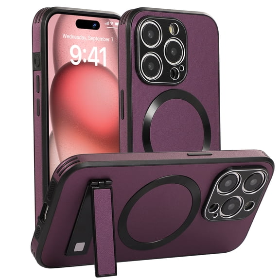 for iPhone 13 Case, [Compatible with Magsafe ] Wireless Charging PU Leather Stand Kickstand Rugged Protection for iPhone 13 Phone Case, Support Magnetic Car Mount, Winered