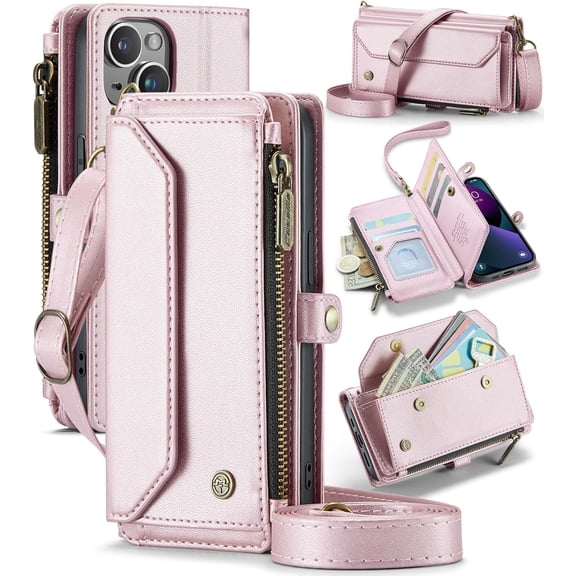 for iPhone 13 Case, Crossbody Wallet Phone Case with RFID Blocking Kickstand, Anti-Drop Wireless Charging Card Slots, PU Leather Shoulder Bag Clutch Adjustable Strap