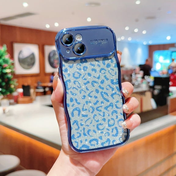 for iPhone 13 Case Curly Wave Frame Leopard Glitter Bling Shiny Design Transparent Clear Sequin Anti-fall Shockproof Protective Rugged Phone Case Cover for Women Girls,Blue