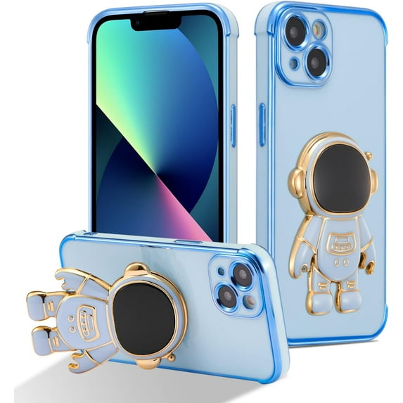 for iPhone 13 Case Cute 6D Astronaut Case with Stand Function Luxury Plating Case Cover Slim Fit Soft TPU Shockproof Bumper Protective Electroplated Case for Girls Boys,6.1 inch,Blue