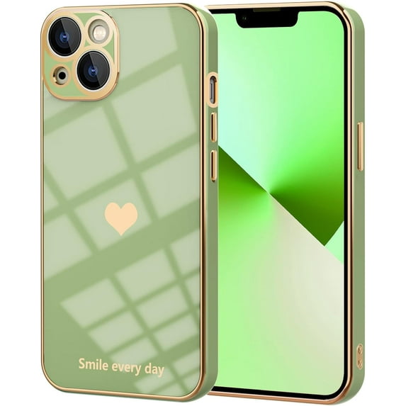 for iPhone 13 Case, Cute Love Heart Pattern for Women Girls with Full Camera Protection, Anti-Scratch Plating Soft TPU Shockproof Bumper Phone Cover for Apple iPhone 13 6.1-inch 2021, Green