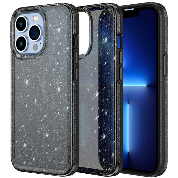 iPhone 13 Case, Cute Shiny Bling Glitter Phone Cover Heavy Duty Hard PC Soft TPU Bumper Full Body Shockproof Protective Women Girls Case for Apple iPhone 13 6.1 inch 2021,Black