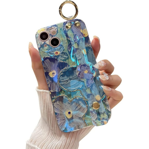 for iPhone 13 Case Cute with Wrist Strap Kickstand Glitter Bling Cartoon IMD Soft TPU Shockproof Protective Cases Cover for Girls and Women - Sunflower