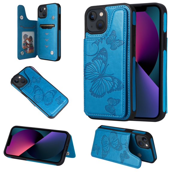 iPhone 13 Case,Dteck Butterfly Pattern Magnetic Leather Card Holder Wallet Case Shockproof Rubber Hybrid Kickstand Cover for iPhone 13,Blue