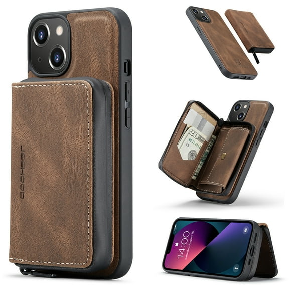 iPhone 13 Case,Dteck Magnetic Leather Detachable Wallet Functional Removable Case Shockproof Rubber Cards Holder Money Pocket Hybrid Kickstand Back Cover For Apple iPhone 13 6.1-inch,Brown