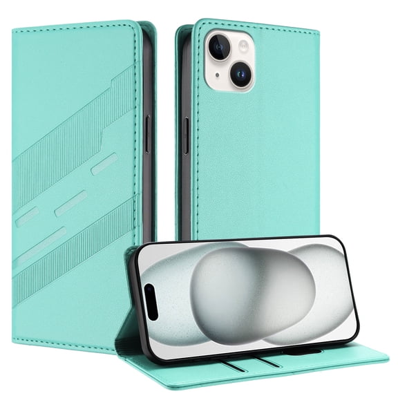 for iPhone 13 Case, Fashion Premium PU Leather Wallet Case Flip Folio Cover with Card Slots Holder Kickstand Function Shockproof Protective for iPhone 13 Case, Mint