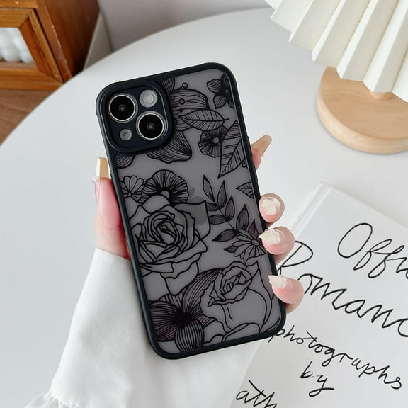 for iPhone 13 Case, Floral Rose Cute Phone Case for Women Girls Aesthetic Pattern Print Slim TPU Bumper Case Shockproof Protective Case for iPhone 13 6.1 Inch, Black