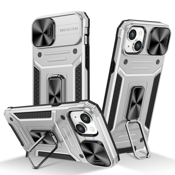 for iPhone 13 Case Heavy Duty with Camera Cover, Build in Kickstand & Magnetic Car, Military Grade Armor Protection Cover,Sturdy Rugged Shockproof Case For iPhone 13, Silver